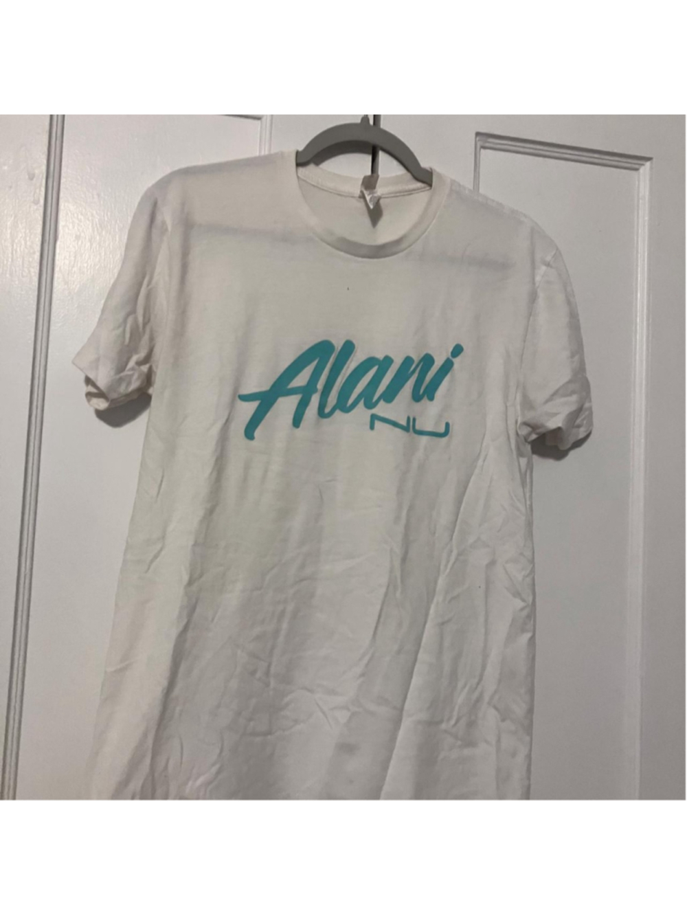 Official Alani Nu White T-Shirt | "Seafoam" Blue Logo Energy Drink Apparel